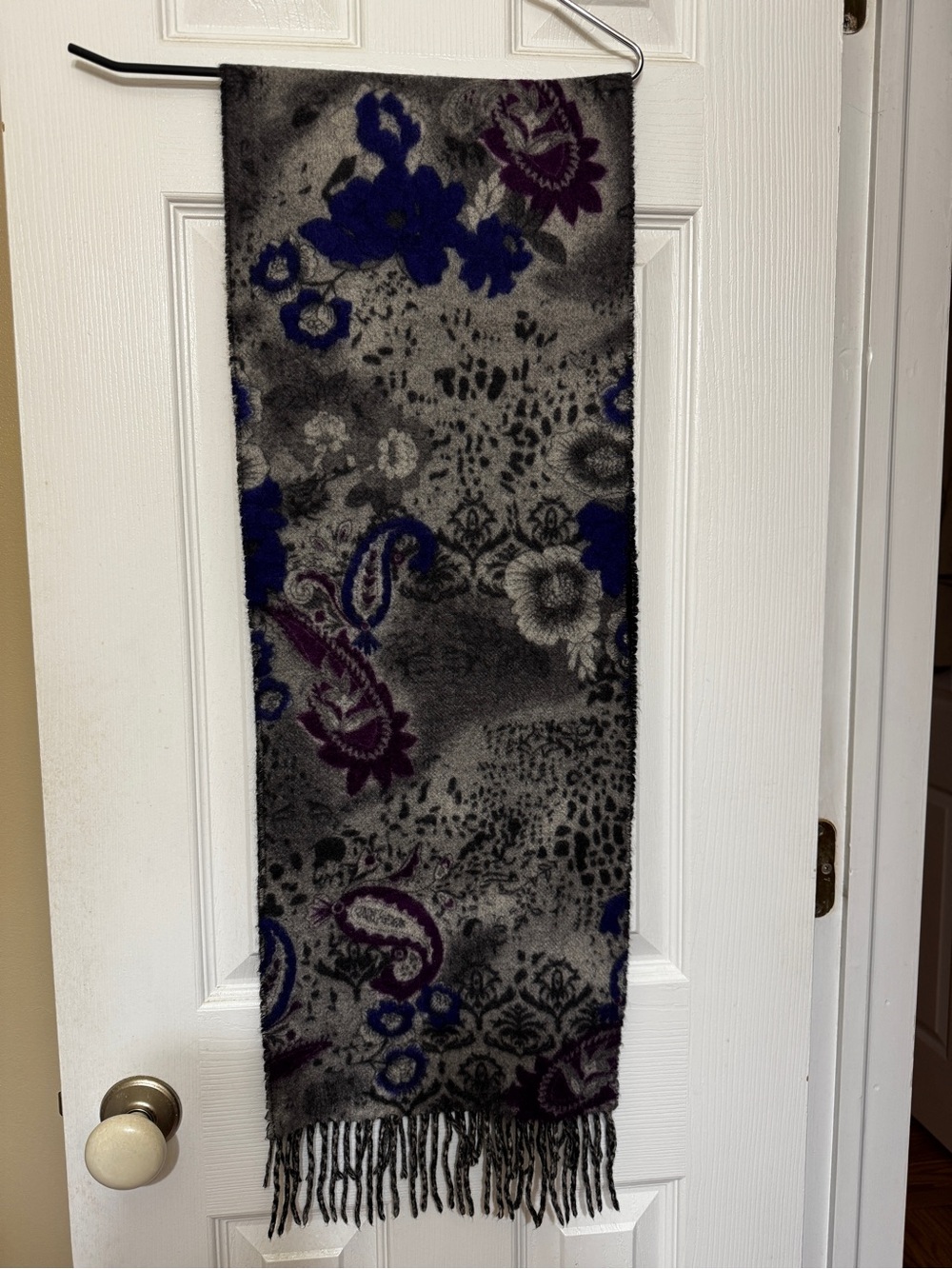 Floral Paisley Fringe Scarf in Gray with Blue and Purple Accents